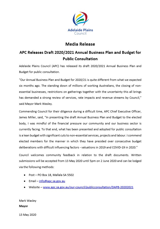 Media Release - APC Releases 2020-2021 Annual Business Plan and Budget for Consultation
